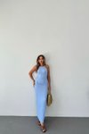 Blue Long Crinkled Fabric Halter Neck Dress