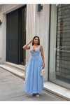 Mavi Uzun Kalın Askılı Büzgü Detaylı Korsaj Form Elbise