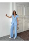Mavi Yelekli Pantolonlu Düğmeli Alt Üst İkili Takım