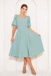 Mint Yeşili Midi Kare Yaka Kısa Balon Kol Kolları Lastikli Dokuma Dökümlü Kumaş Elbise