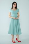 Mint Yeşili Midi Kayık Yaka Kloş Dokuma Dökümlü Kumaş Abiye Elbise