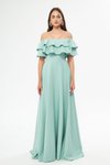 Mint Yeşili Uzun Düşük Omuz Çift Kat Fırfır Detay Carmen Yaka Kloş Abiye Elbise