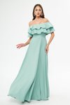 Mint Yeşili Uzun Düşük Omuz Çift Kat Fırfır Detay Carmen Yaka Kloş Abiye Elbise