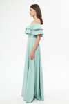 Mint Yeşili Uzun Düşük Omuz Çift Kat Fırfır Detay Carmen Yaka Kloş Abiye Elbise