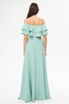 Mint Yeşili Uzun Düşük Omuz Çift Kat Fırfır Detay Carmen Yaka Kloş Abiye Elbise