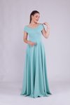 Mint Yeşili Uzun Kayık Yaka Abiye Elbise