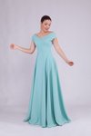Mint Yeşili Uzun Kayık Yaka Abiye Elbise