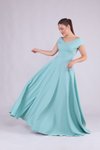 Mint Yeşili Uzun Kayık Yaka Abiye Elbise