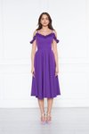 Mor Midi Ayarlanabilir Askılı Yaka Fırfır Detay Dokuma Kumaş Pileli Kloş Abiye Elbise