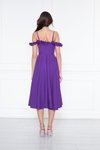 Mor Midi Ayarlanabilir Askılı Yaka Fırfır Detay Dokuma Kumaş Pileli Kloş Abiye Elbise