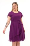 Mor Midi Bisiklet Yaka Volan Detaylı Büyük Beden Şifon Elbise