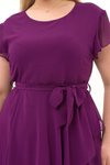Mor Midi Bisiklet Yaka Volan Detaylı Büyük Beden Şifon Elbise