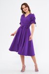 Mor Midi Kruvaze Yaka Büzgülü Kısa Kol Kolları Lastikli Kuşaklı Elbise