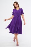 Mor Midi Kruvaze Yaka Büzgülü Kısa Kol Kolları Lastikli Kuşaklı Elbise