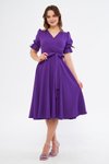 Mor Midi Kruvaze Yaka Büzgülü Kısa Kol Kolları Lastikli Kuşaklı Elbise