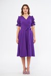 Mor Midi Kruvaze Yaka Büzgülü Kısa Kol Kolları Lastikli Kuşaklı Elbise