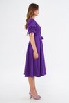 Mor Midi Kruvaze Yaka Büzgülü Kısa Kol Kolları Lastikli Kuşaklı Elbise