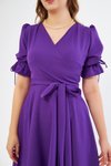 Mor Midi Kruvaze Yaka Büzgülü Kısa Kol Kolları Lastikli Kuşaklı Elbise