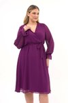 Mor Midi Kruvaze Yaka Kuşaklı Büyük Beden Uzun Kol Şifon Elbise