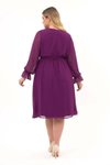 Mor Midi Kruvaze Yaka Kuşaklı Büyük Beden Uzun Kol Şifon Elbise