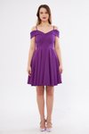 Mor Mini Askılı Kayık Yaka Detay Pileli Kloş Abiye Elbise