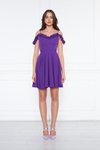 Mor Mini Ayarlanabilir Askılı Yaka Fırfır Detay Dokuma Kumaş Pileli Kloş Abiye Elbise