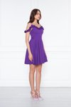 Mor Mini Ayarlanabilir Askılı Yaka Fırfır Detay Dokuma Kumaş Pileli Kloş Abiye Elbise
