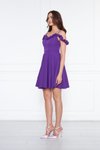 Mor Mini Ayarlanabilir Askılı Yaka Fırfır Detay Dokuma Kumaş Pileli Kloş Abiye Elbise