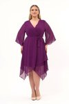 Mor Mini Kruvaze Yaka Uzun Kol Detaylı Şifon Elbise
