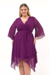 Mor Mini Kruvaze Yaka Uzun Kol Detaylı Şifon Elbise