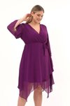 Mor Mini Kruvaze Yaka Uzun Kol Detaylı Şifon Elbise