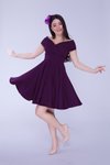 Mürdüm Mini Kayık Yaka Dökümlü Dokuma Kumaş Pileli Kloş Abiye Elbise