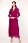 Plum Long Double-Breasted Neck Tie Detail Chiffon Dress