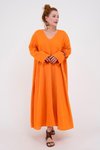 Oranj Uzun İtalyan V Yaka Kol Keten Elbise