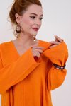 Oranj Uzun İtalyan V Yaka Kol Keten Elbise