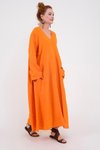 Oranj Uzun İtalyan V Yaka Kol Keten Elbise