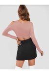 Pembe Asimetrik Omuz Detay Göğüs Dekolteli Uzun Kollu Bodycon Crop Bluz