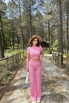 Pembe Bisiklet Yaka Kısa Kol Yanları Büzgülü Gofre İkili Takım