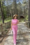 Pembe Bisiklet Yaka Kısa Kol Yanları Büzgülü Gofre İkili Takım