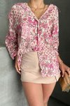 Pembe Çiçek Desen Vintage Oversize Gömlek