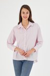 Pembe Çizgili Sırtı Düğme Detaylı Oversize Kalıp Dokuma Gömlek