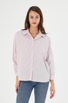 Pembe Çizgili Sırtı Düğme Detaylı Oversize Kalıp Dokuma Gömlek