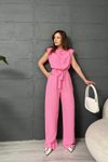 Pembe Degaje Yaka Vatkalı Beli Kuşaklı Tulum