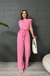 Pembe Degaje Yaka Vatkalı Beli Kuşaklı Tulum