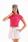Pembe Likralı Kısa Kol Crop Bluz
