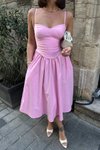 Pembe Midi Askılı Linor Gipe Detay Elbise
