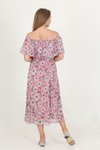 Pembe Midi Carmen Yaka Desenli Şifon Elbise