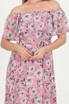 Pembe Midi Carmen Yaka Desenli Şifon Elbise