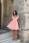 Pembe Midi Kare Yaka Fırfır Detaylı Karpuz Kol Göğüs Bağlamalı Elbise