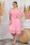 Pembe Midi Kuşaklı Büyük Beden Şifon Straplez Elbise